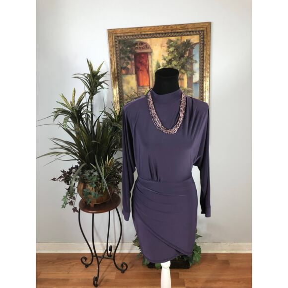 Olive Tree Bodycon Dress Women's Medium Purple Long Sleeve Ruched Stretchy - Picture 1 of 8